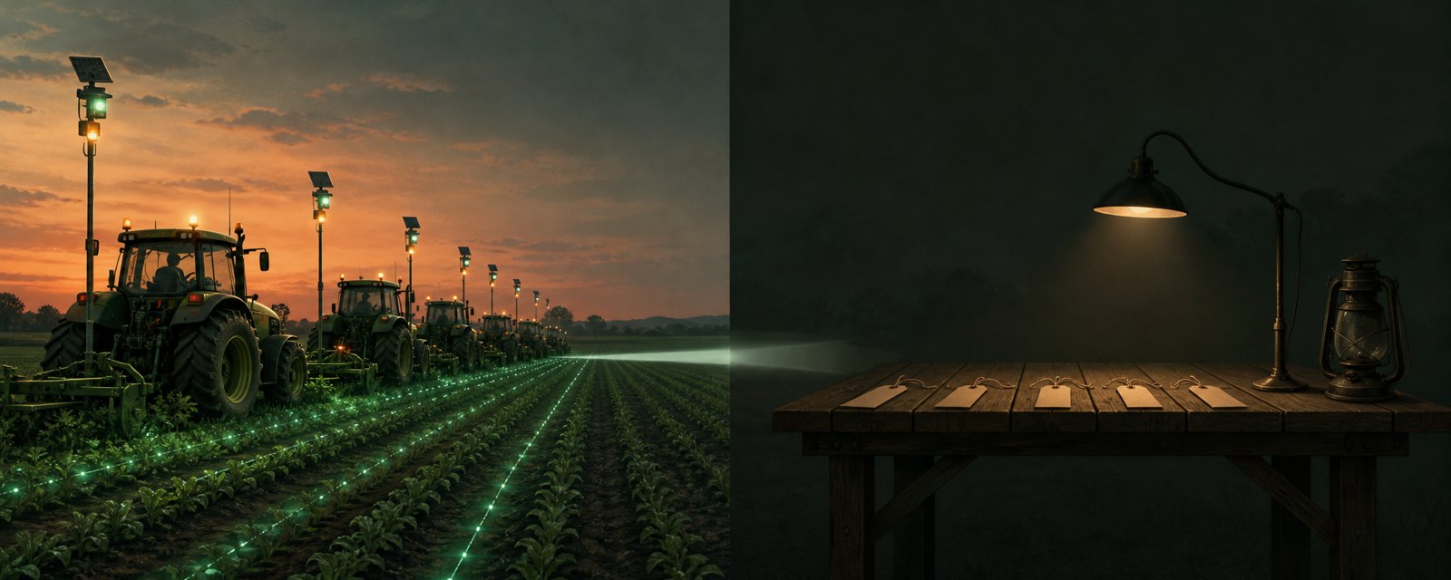 At dusk, a field bright with sensors and tractors beside a dark, empty inspection table: the missing official reports may be a collection gap.