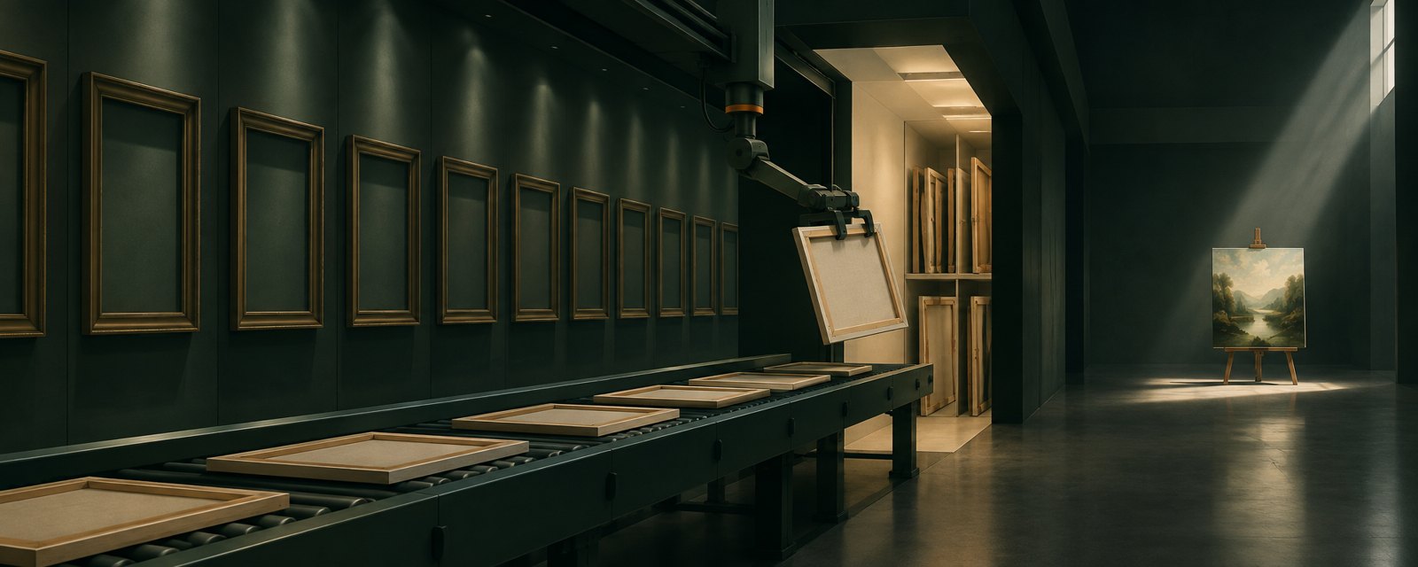 In a dim museum storage hall, a mechanical arm sorts canvases, lifting some into a lit archive alcove while others fade into shadow.