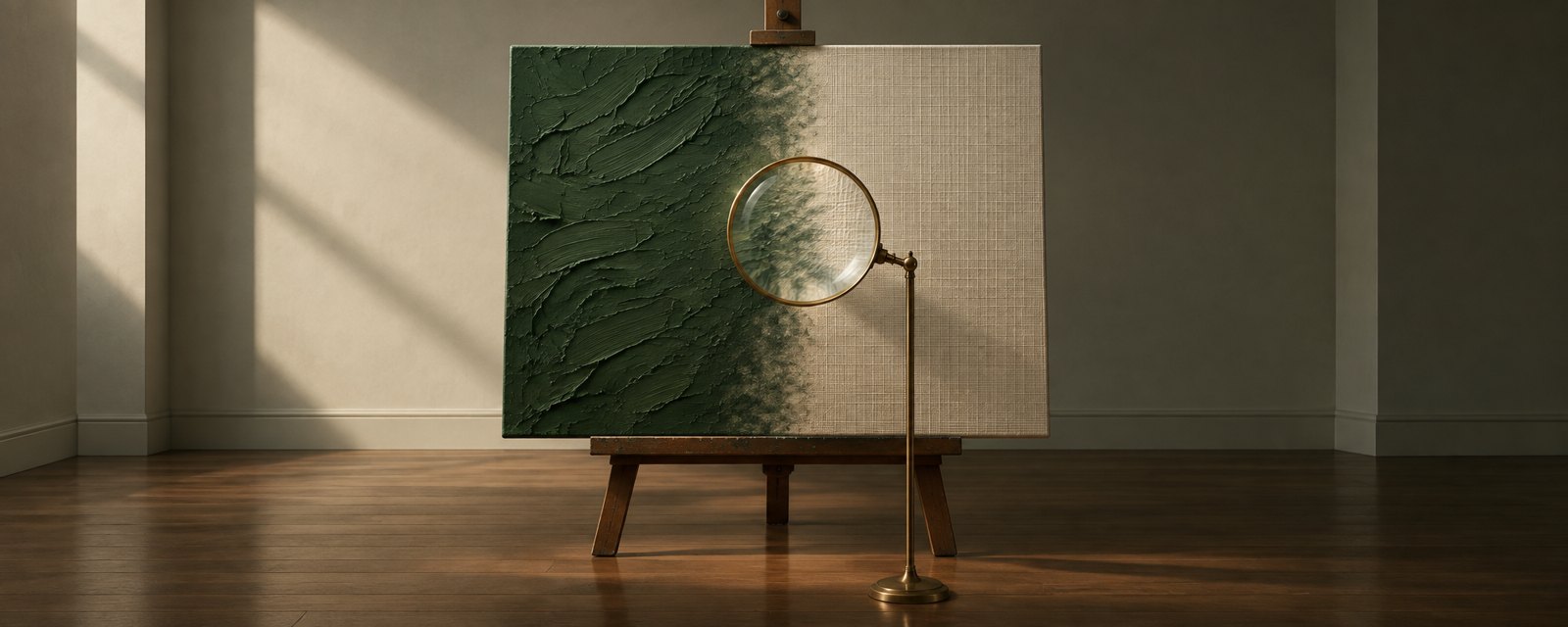 画廊の絵の左は筆の跡、右は格子状で境目が溶け合い、虫眼鏡が覗く。AIの使用を確かめる難しさを表す。