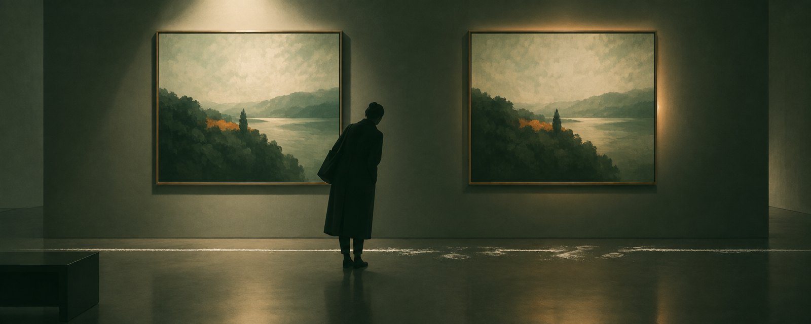 ほぼ同じに見える二枚の絵の間に、かすれた白線が引かれている。人とAIの境界が見た目では決まらないことを表す。