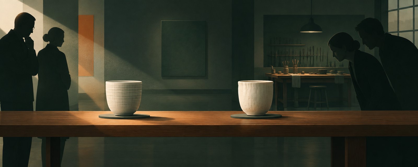 薄暗い展示室で、同じ形の2つの磁器の杯。斜光が片方の機械的な模様を暴き、人は手仕事の杯に寄る。出所の見えが評価を分ける。