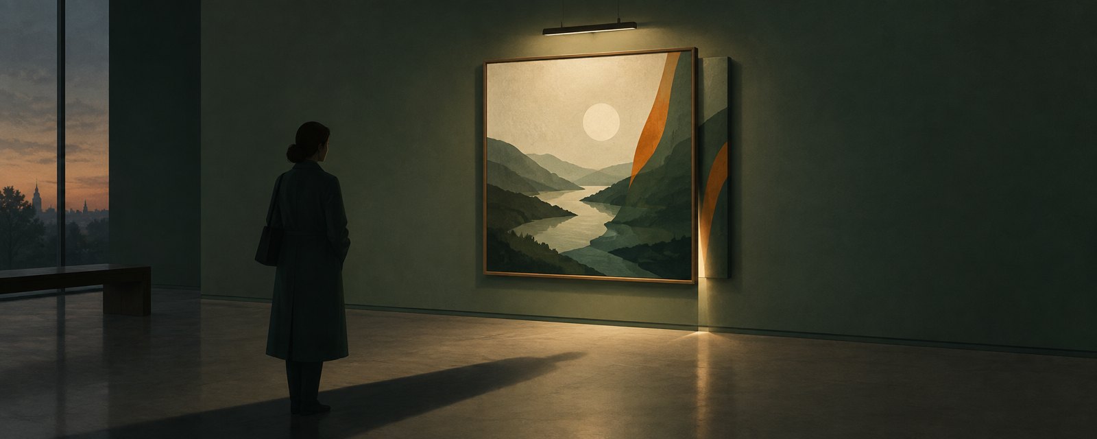 薄暮の画廊で、絵の裏から別のキャンバスが覗く。見えない工程が作品への信頼を揺らすことを表す。
