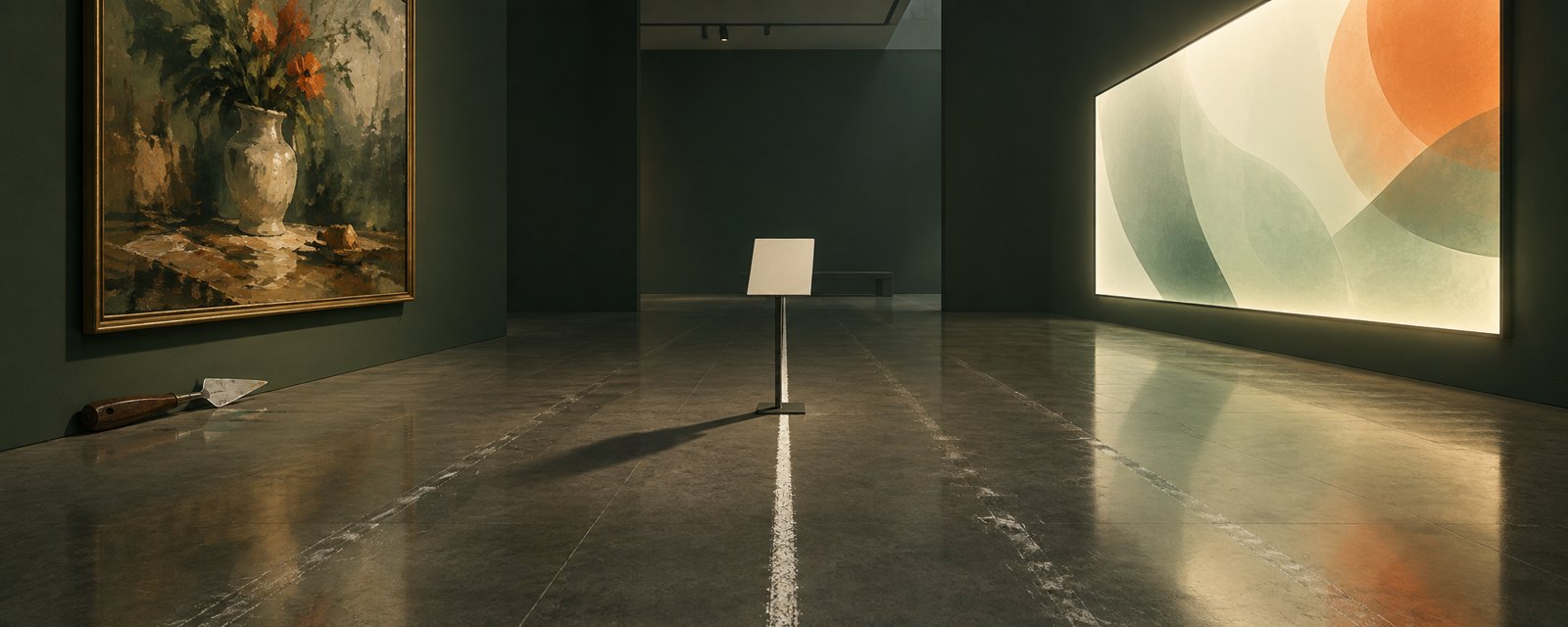 静かな展示室の床に、手描きの絵とLEDパネルを分ける白線が何度も引き直されている。線引きが揺れ続ける様子を表す。