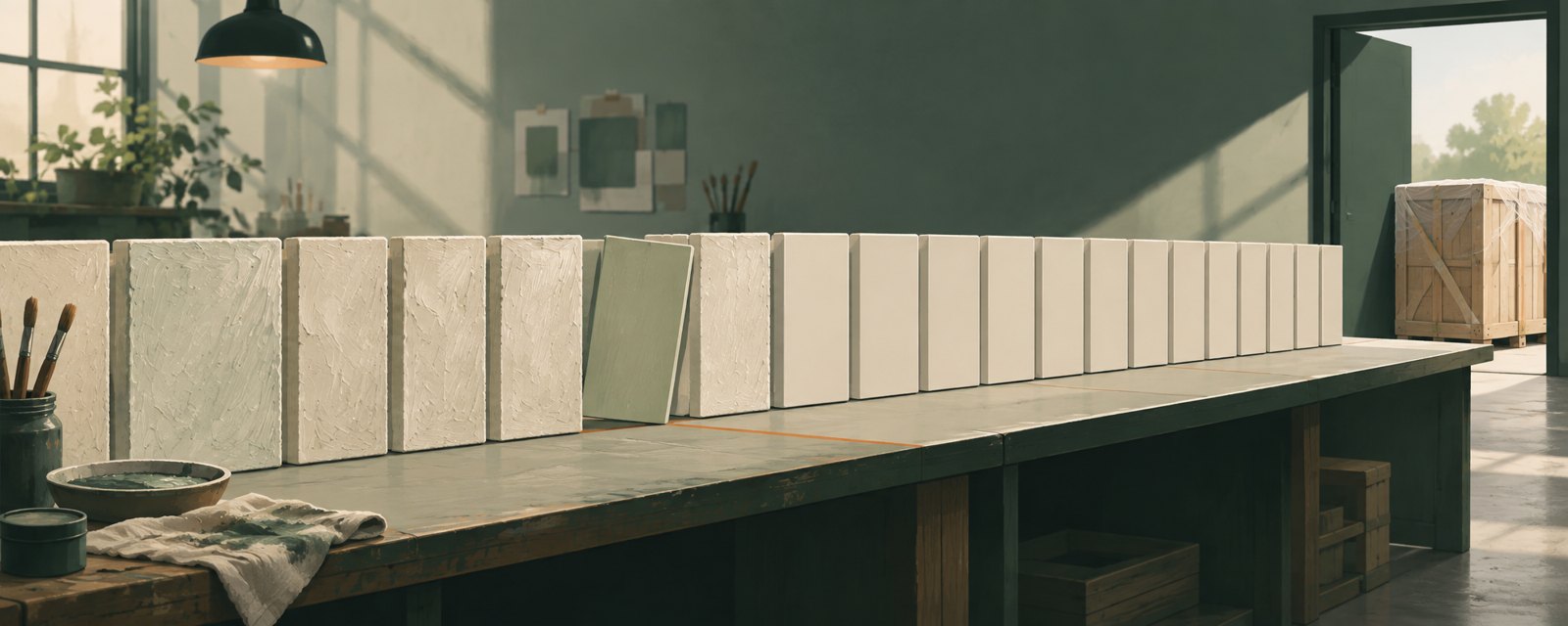 A workbench where a painted line divides hand-worked panels from smooth ones, while one panel from an outside delivery crosses the line.