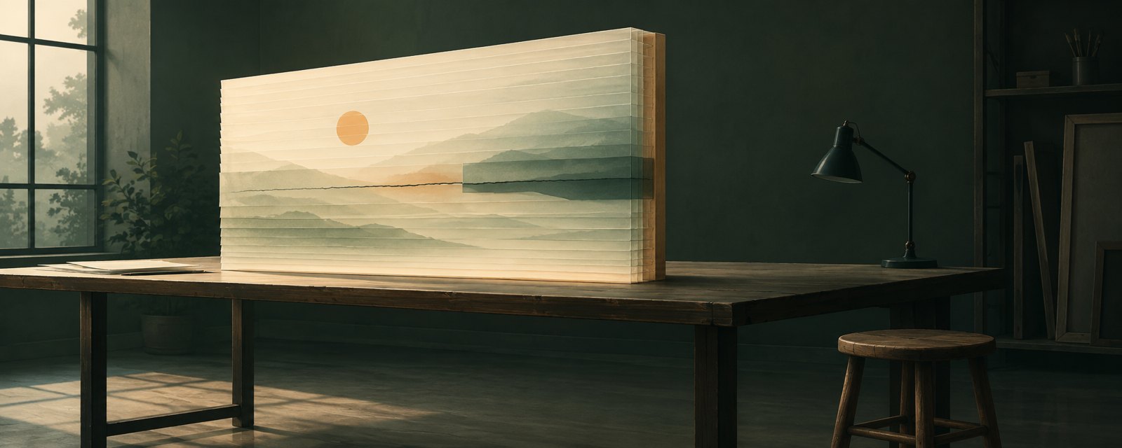 静かな工房で、薄い層を重ねた絵の一層だけがずれて暗い。制作の連鎖で人の関与を確かめる難しさを表す。