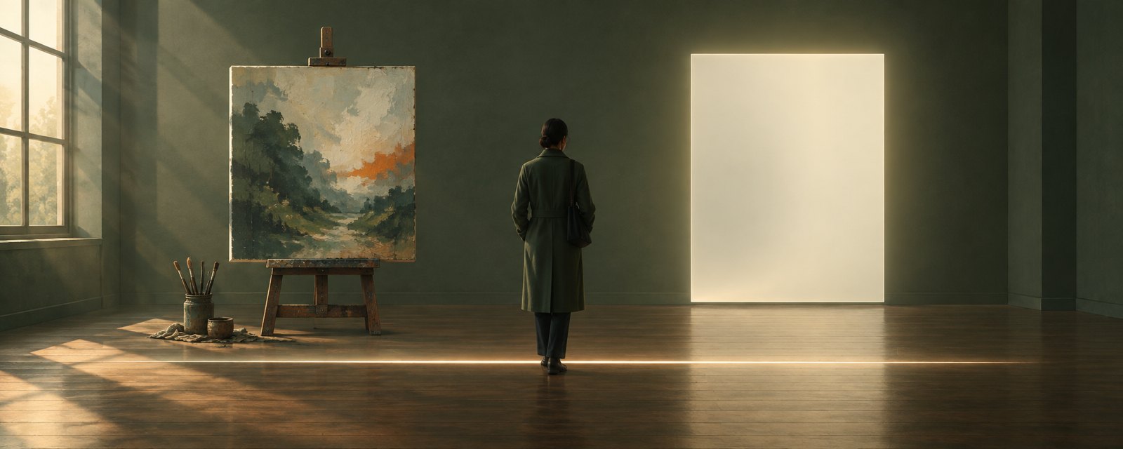 In a quiet gallery, a thin line of light divides a hand-painted canvas from a smooth glowing panel while a visitor stands at the line, weighing both.