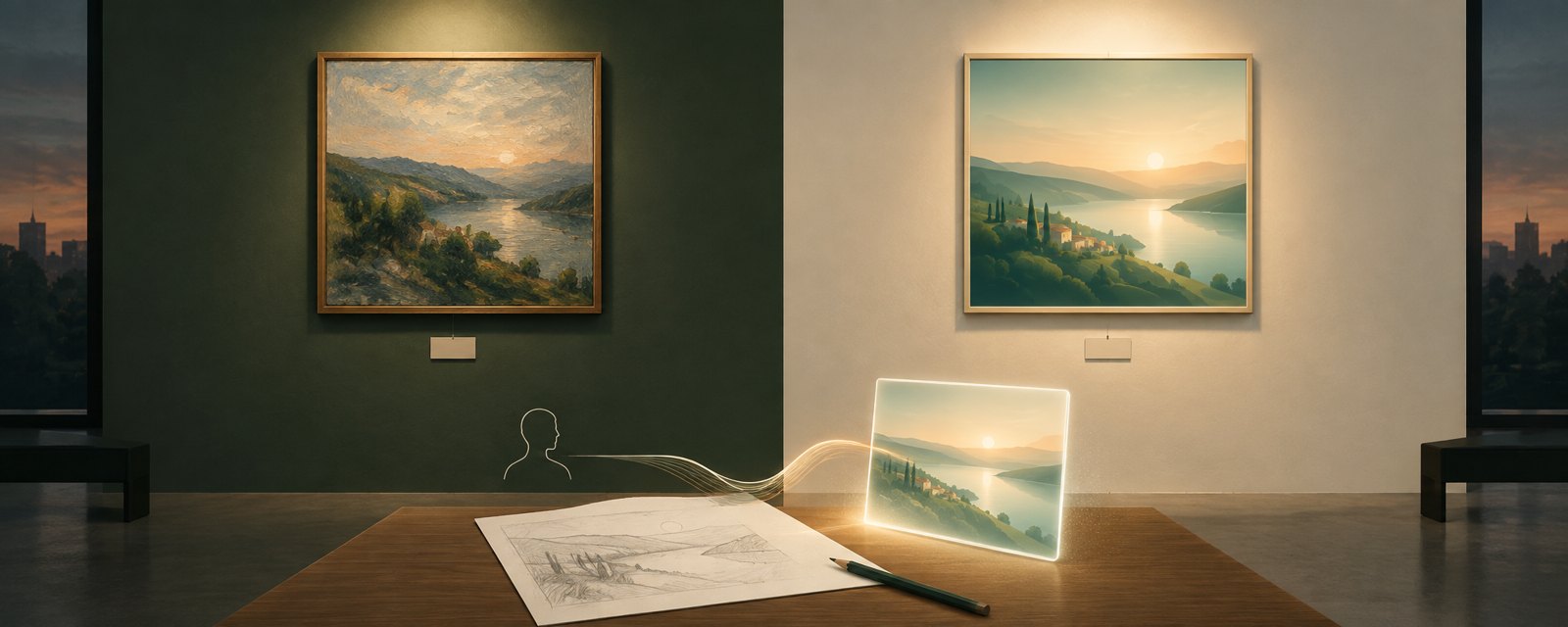 A hand-painted canvas and a smooth generated panel hang side by side, each with a small tag, lit evenly: distinguished yet shown together.