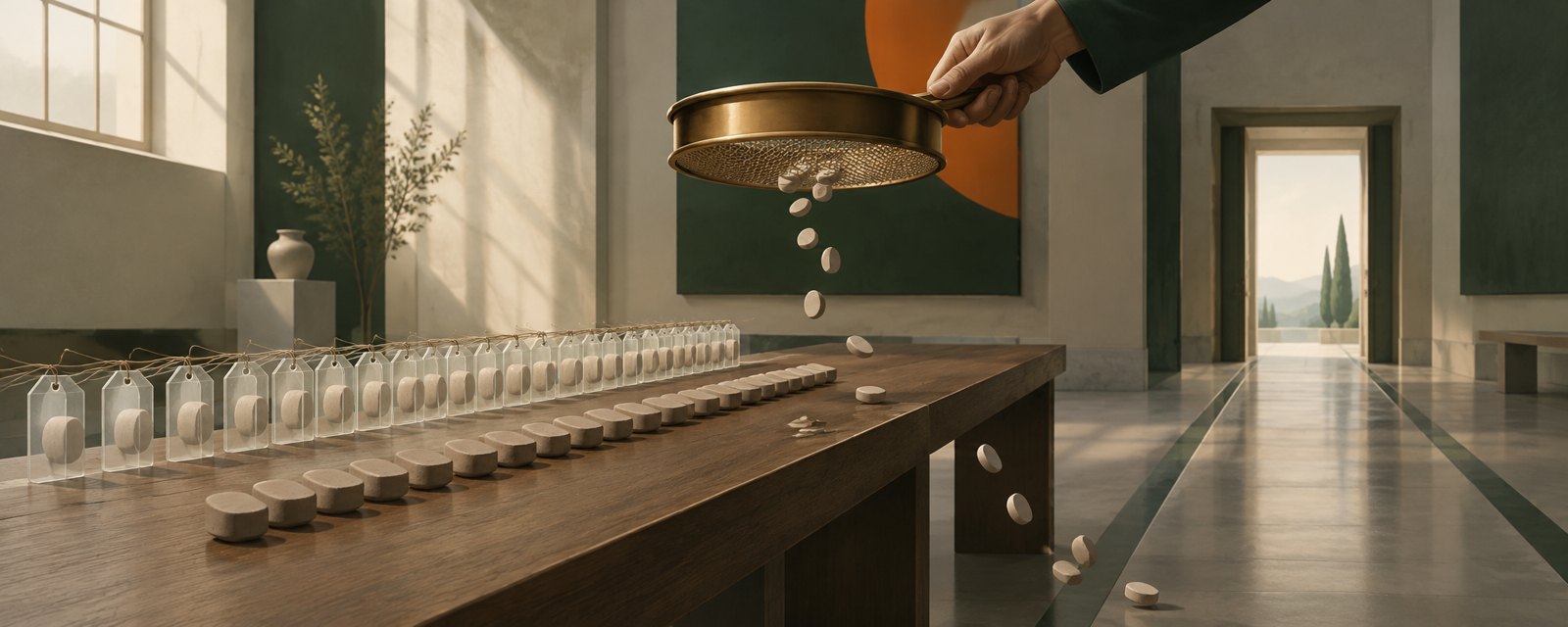 Tagged and untagged tablets on a table in a quiet room, some untagged ones spilling toward a doorway, suggesting distinction and choice lagging circulation.