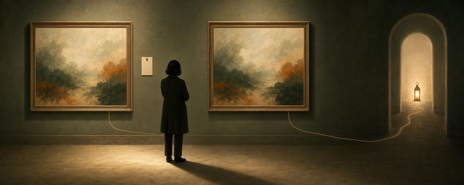 In a quiet gallery, a viewer weighs a tagged and an untagged painting, each tied by a thread to a distant doorway: origin matters more than looks.