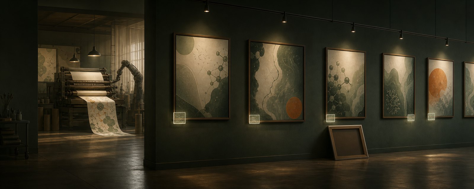 In a dim gallery, some paintings carry small glowing tags and one is turned to the wall, while production continues behind: labeling shapes reception.