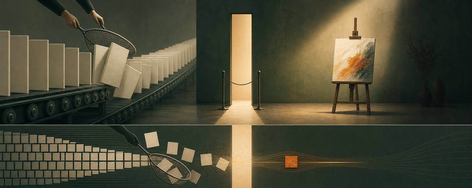 Identical blank canvases are sieved at a gallery gate while one hand-painted canvas sits in warm light, showing curation and human craft.