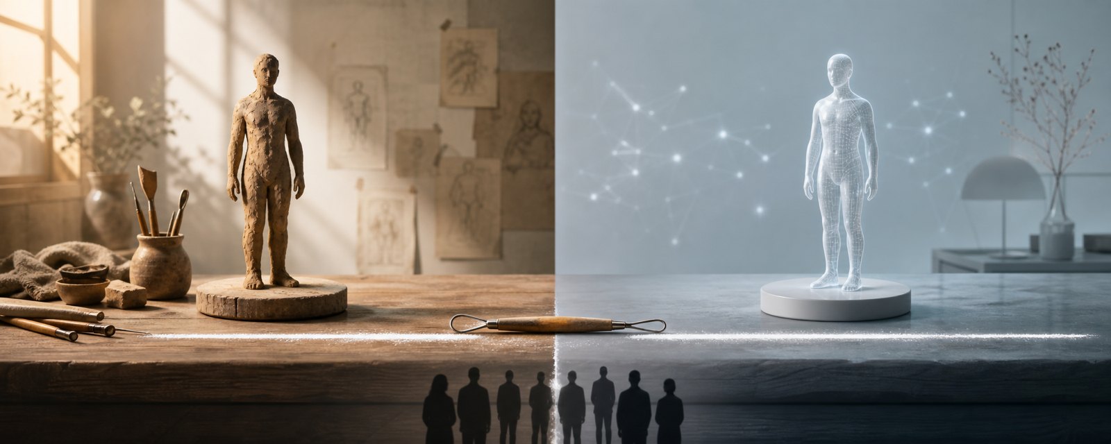 A workbench with a handmade clay figure and a glowing machine replica, a chalk line between them crossed by a tool, showing the blurred line between human and AI work.