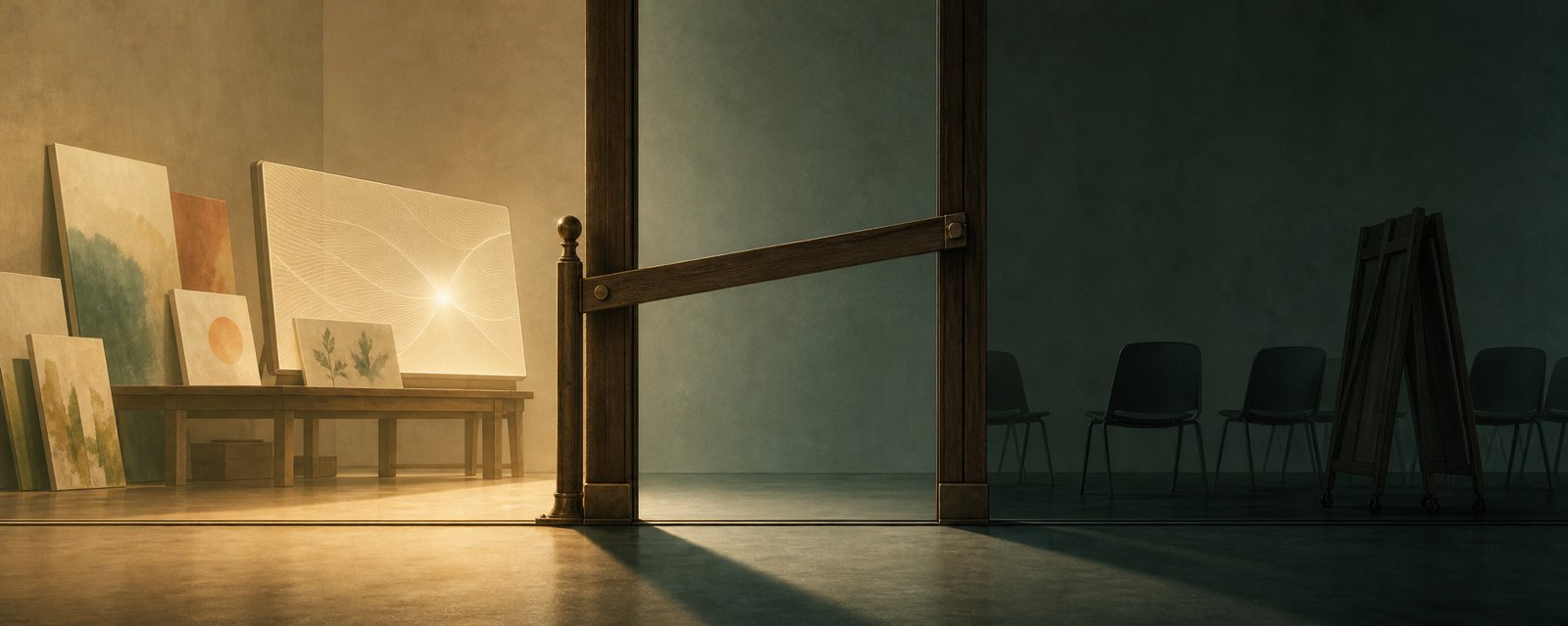 美術館の戸口の床に引かれた一本の線。片側は温かい光で作品が並び、反対側は空の椅子。可動の横木が基準の選択を表す。