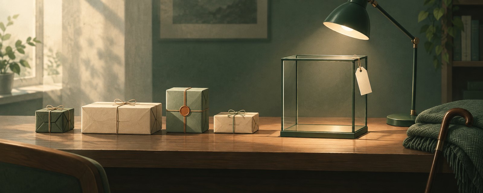 朝の光の下、封をされた小さな包みが並び、空のガラスケースに光が当たる。発売や実証の先にある効果の証拠は、まだ空白であることを表す。