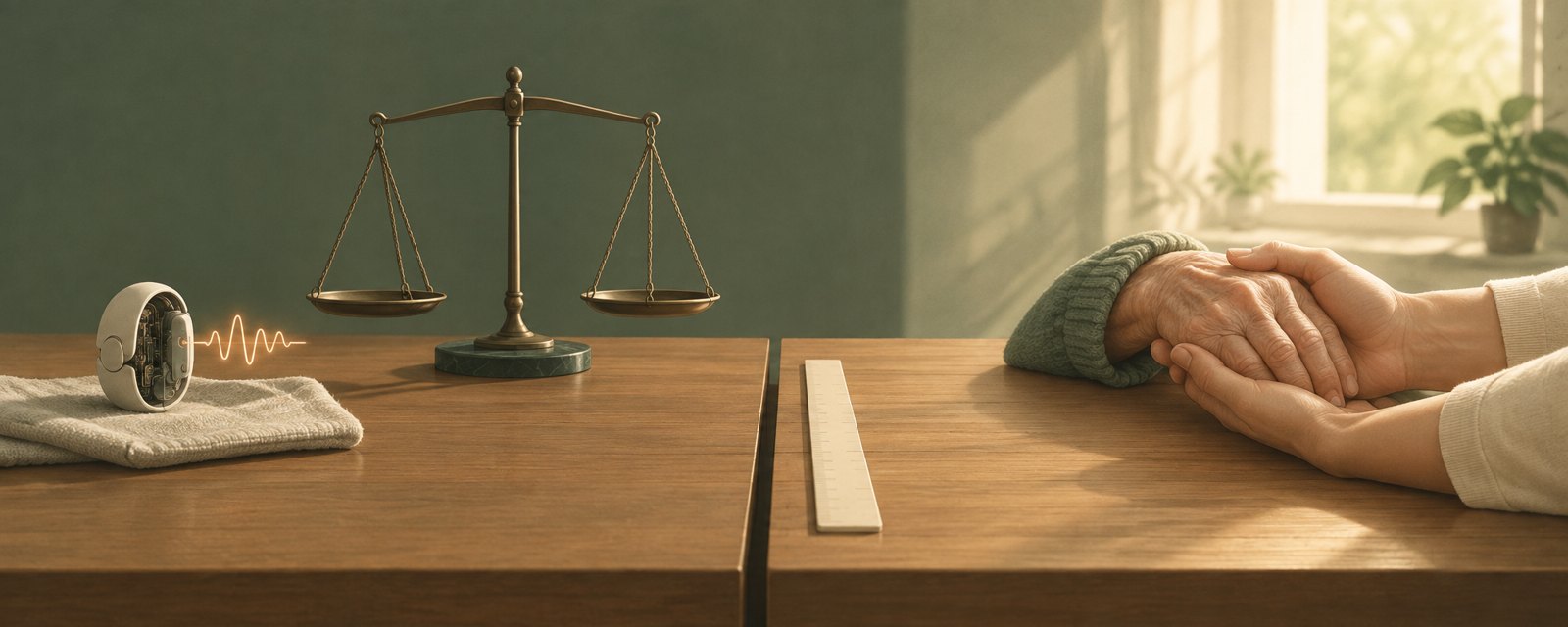 未完成の試作機と、高齢者の手を握る介護者の手。間の空白の物差しが、効果の証拠がまだ無いことを示す。