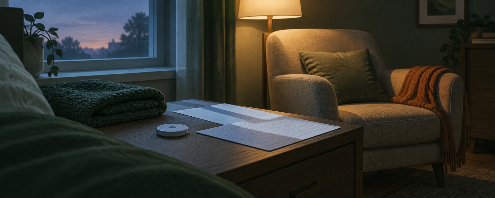夕暮れの寝室。未点灯の試作センサーと白紙の記録が冷たい影に、人の座った椅子が暖かい光の中にある。