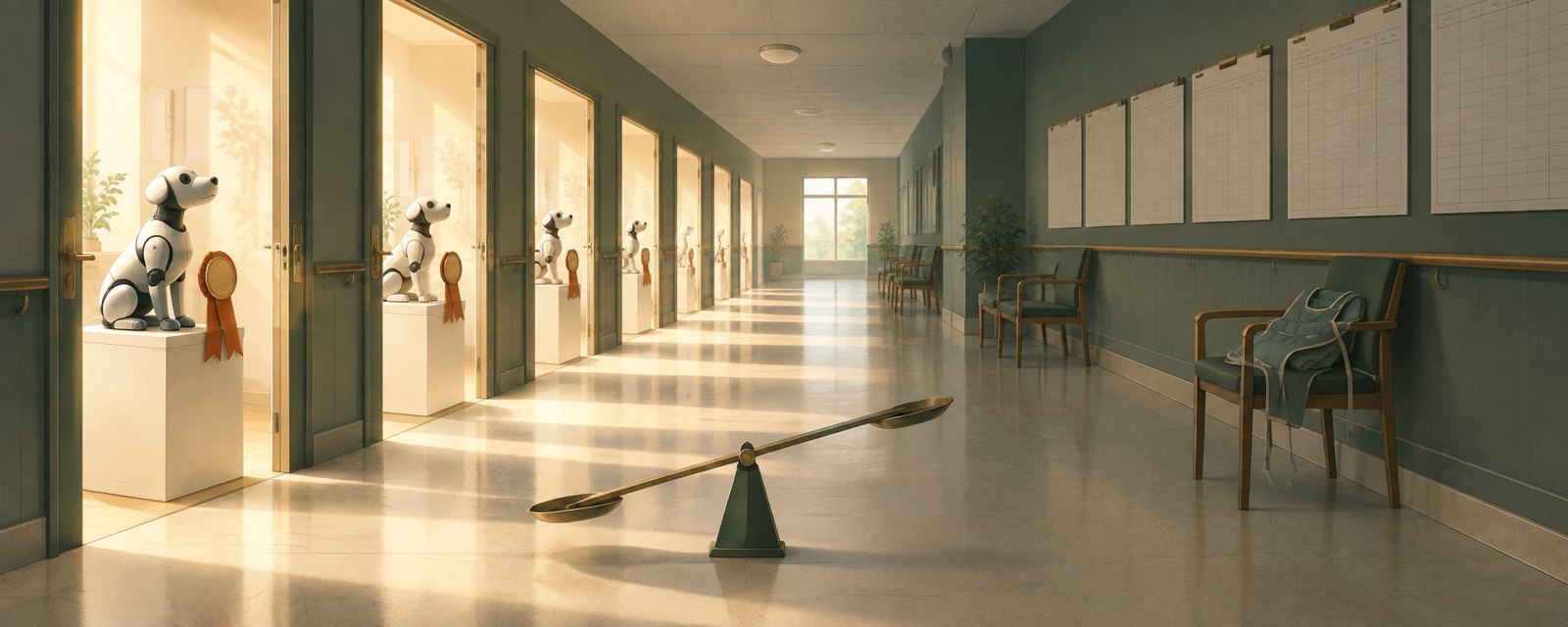 A calm care-home corridor: lit doorways with prototype robots and medals on one side, blank unmarked ledgers and empty chairs on the other, an empty scale between.