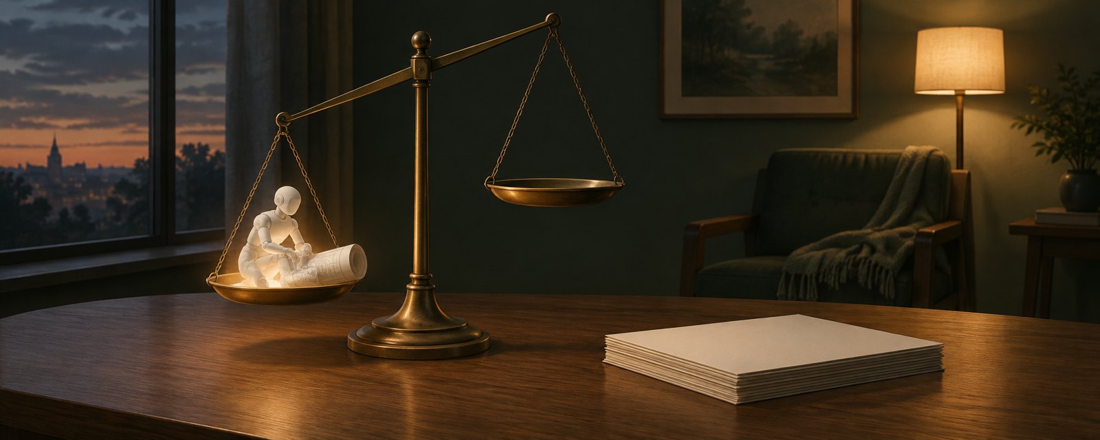 夕暮れの静かな部屋で、試作ロボと設計図を載せた天秤の反対側の皿が空のまま。発表はあっても効果の証拠はまだ無いことを表す。