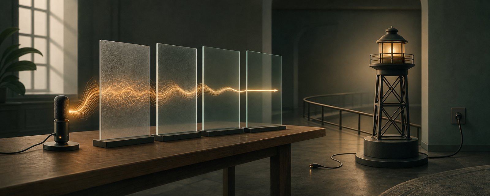 A sound-wave ribbon passes through glass panes of increasing clarity while a separately powered watch lamp stands apart, suggesting verification and independent oversight.