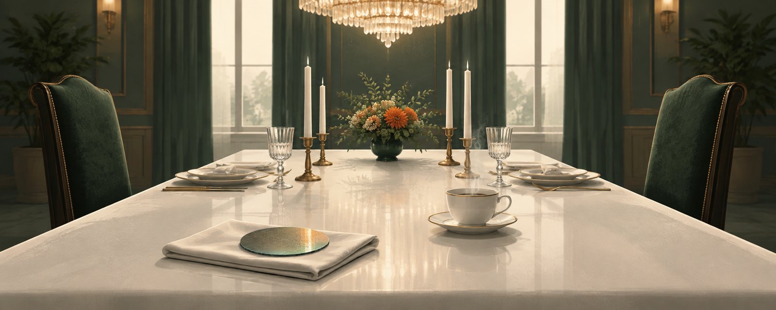 A formal banquet table set with fine china; a silicon wafer rests beside empty chairs, symbolizing AI's entry into diplomatic and political space.