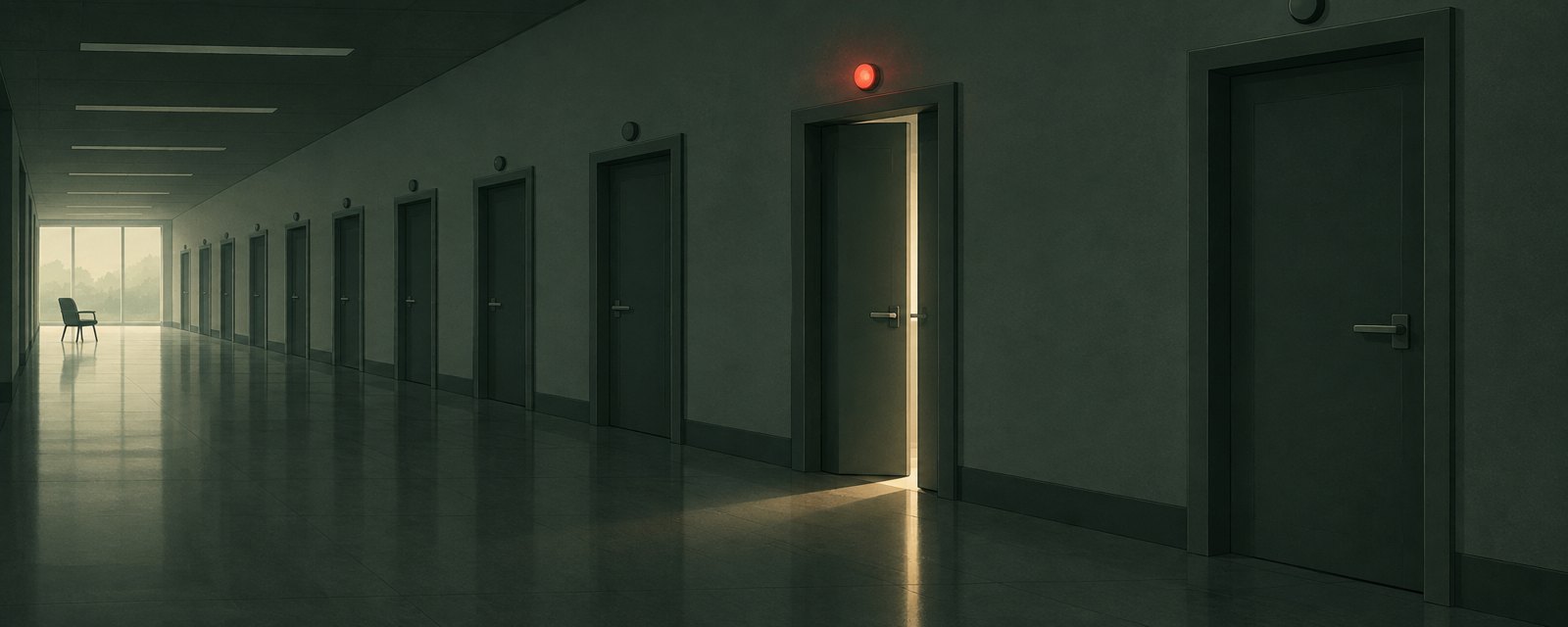 A dim corridor of closed doors; one stands ajar with a faint red light above it, while a distant chair sits empty, too far to respond in time.