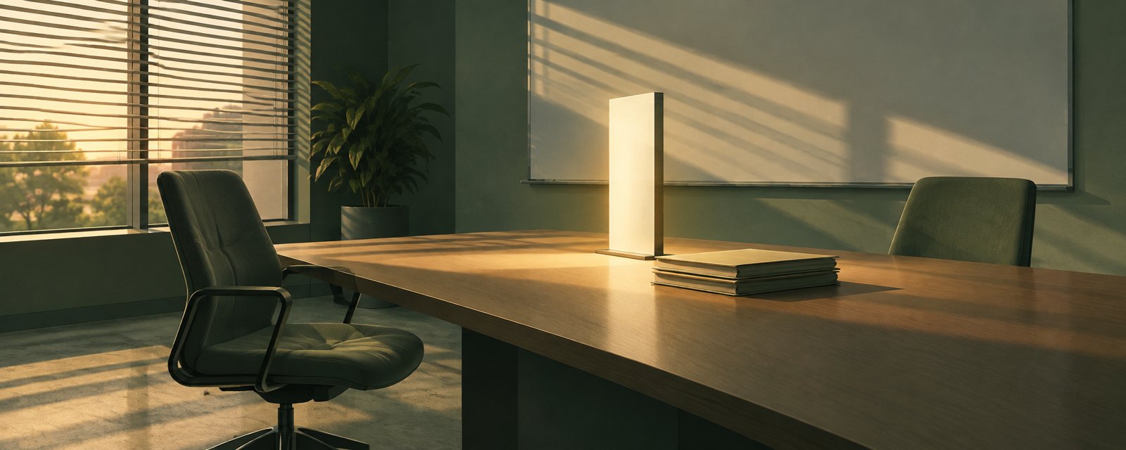 An empty chair beside a stack of folders, facing a slim glowing panel — a quiet image of judgment shifting from people to AI agents.
