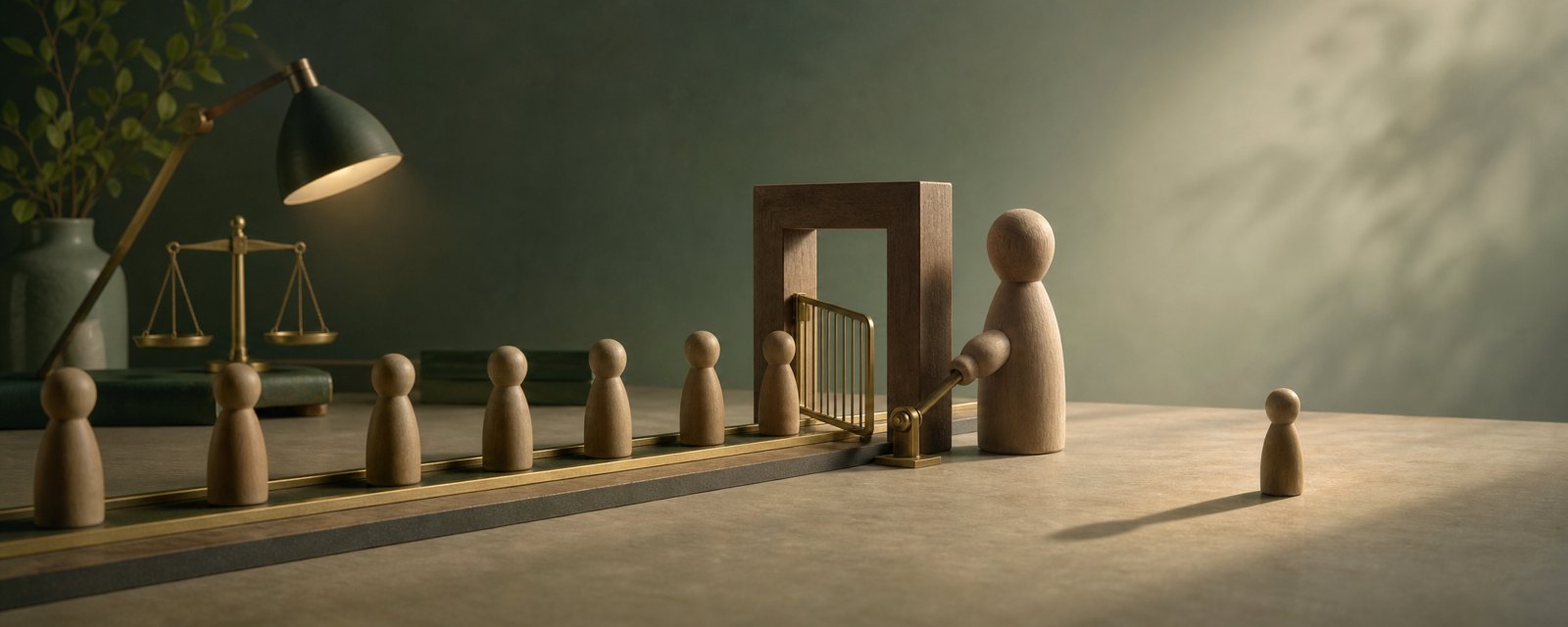 Small wooden figures move along a track to a gate where a larger figure judges each passage; one stray figure stands outside the lamplight.