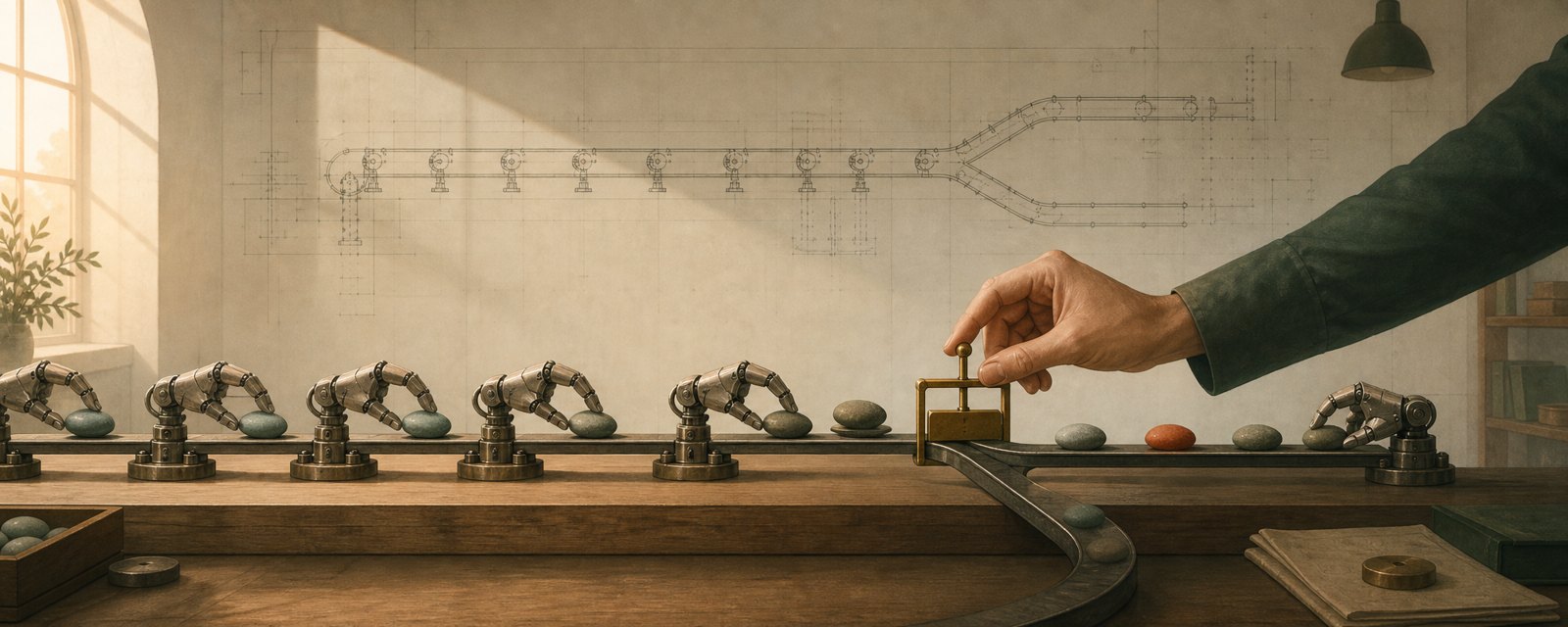 Mechanical hands pass stones along a track while one human hand controls a small gate, showing that role design decides AI outcomes.