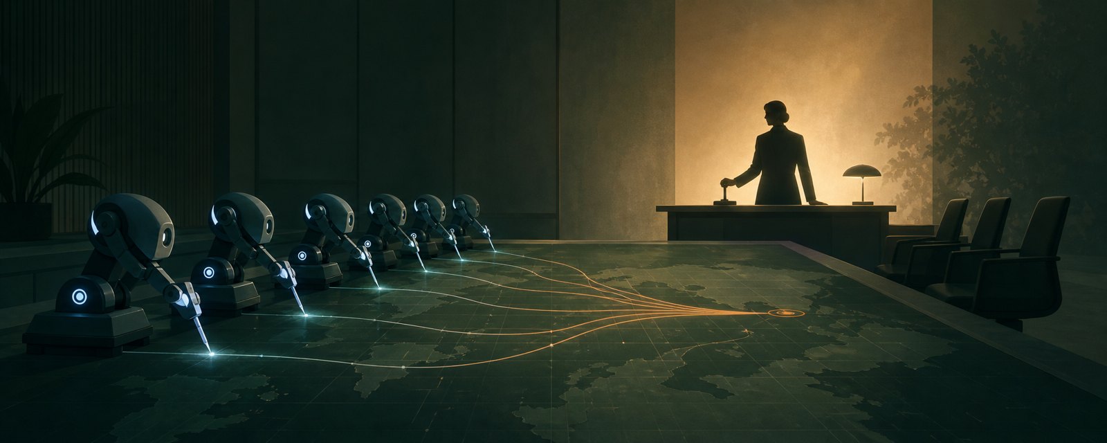 A calm room where many small machines work in unison while one person watches over them, hand on a control, showing AI executing and humans supervising.