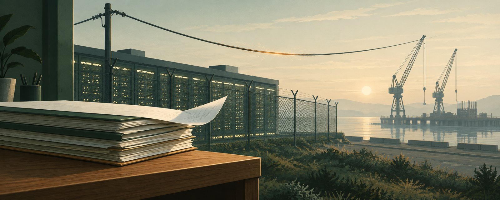 A glowing data-center hall behind a taut power line, a stack of ledgers tilting on a desk, and idle dockside cranes evoke AI's growth and strain.