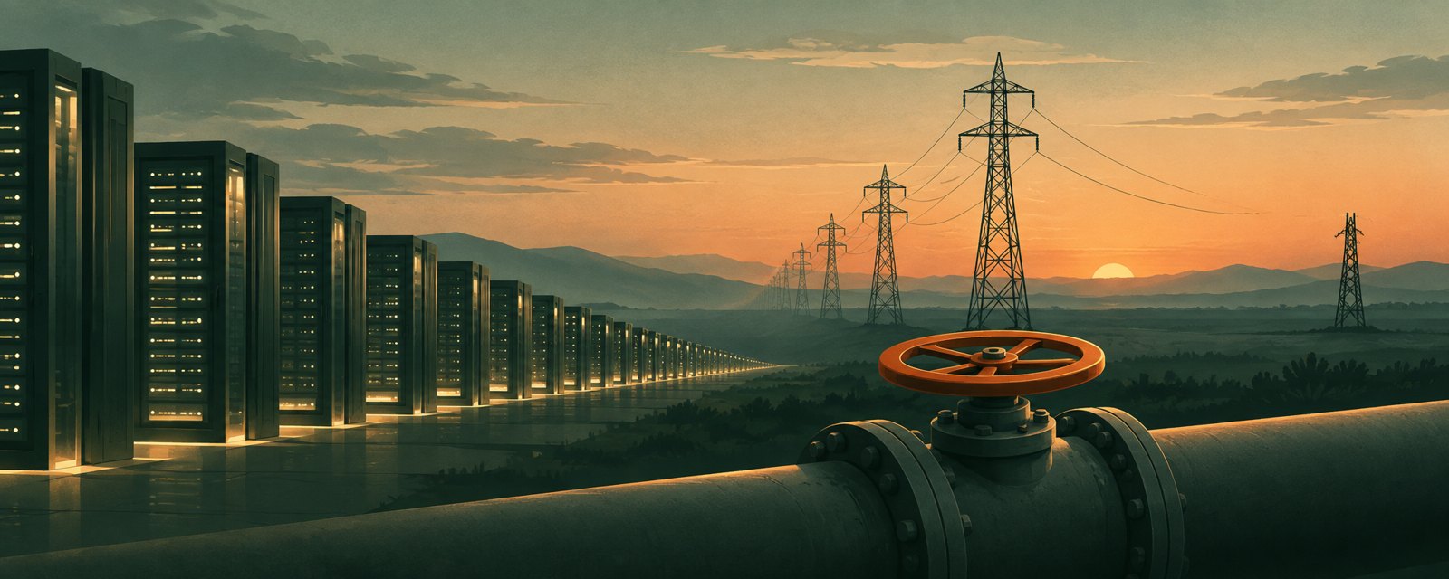 Rows of glowing data center towers stretch to the horizon while distant power pylons dim and a valve sits half-open, symbolizing AI investment outpacing power supply.