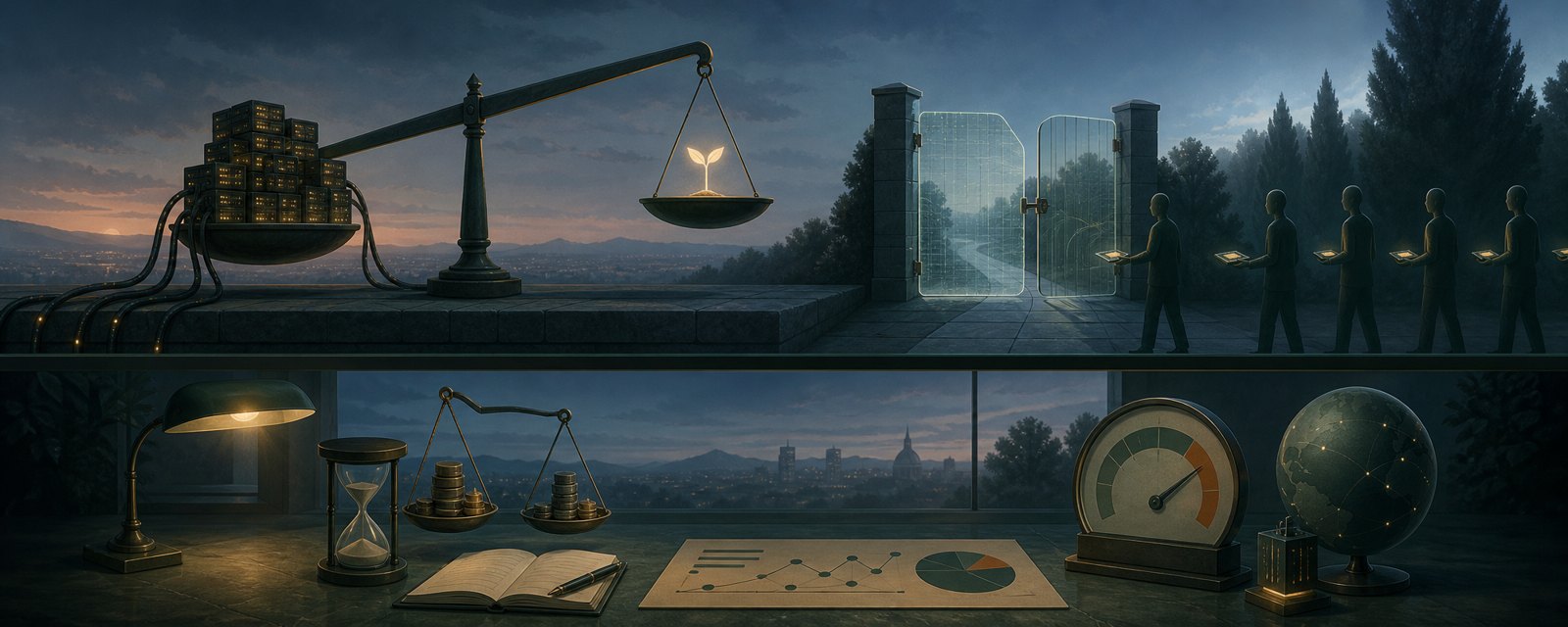 A scale tips under glowing server blocks and power cables against a tiny seedling, with a half-closed gate filtering chip tiles behind: spending outruns gains.