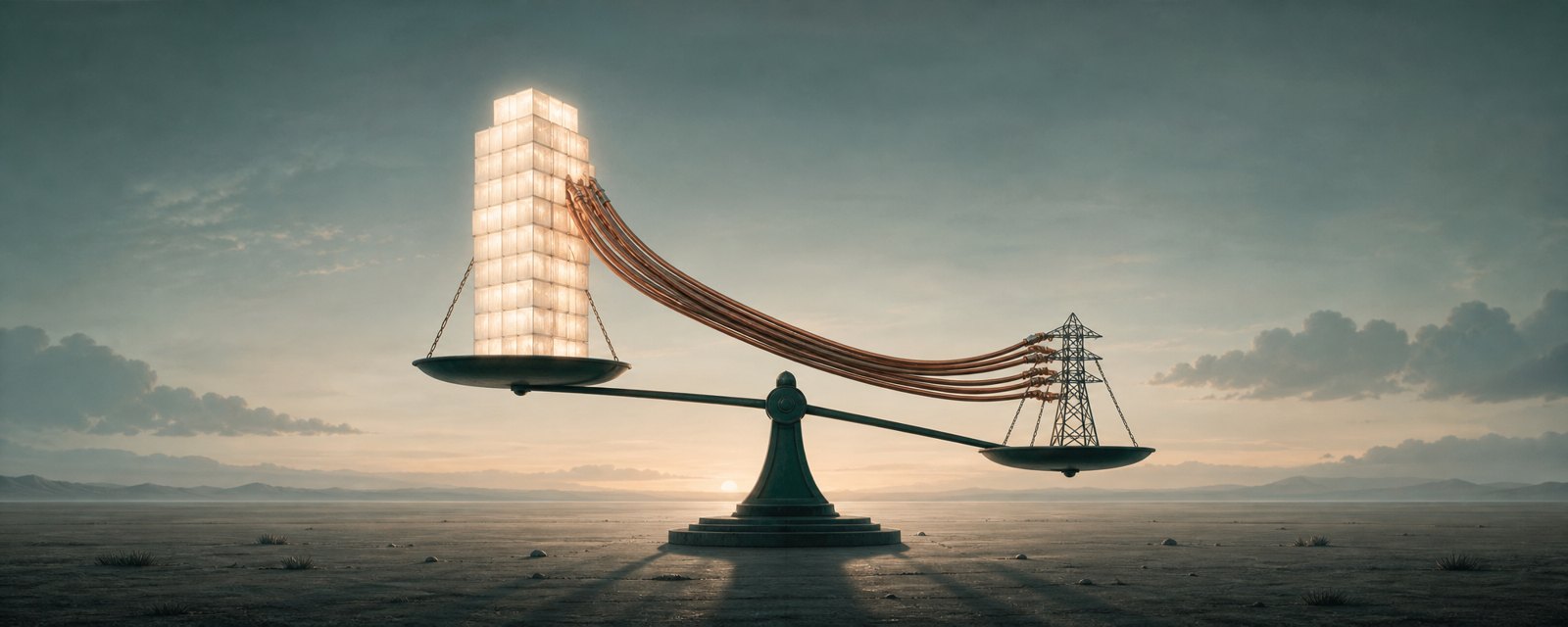 At dawn, a glowing tower of blocks rests on a thin plank while heavy copper cables bend a small pylon: AI investment strained by power and rate limits.