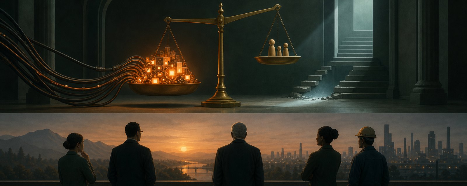 A large balance scale: one pan heaped with glowing equipment sinks, the other with small wooden figures rises, showing the uneven split of AI's gains and costs.
