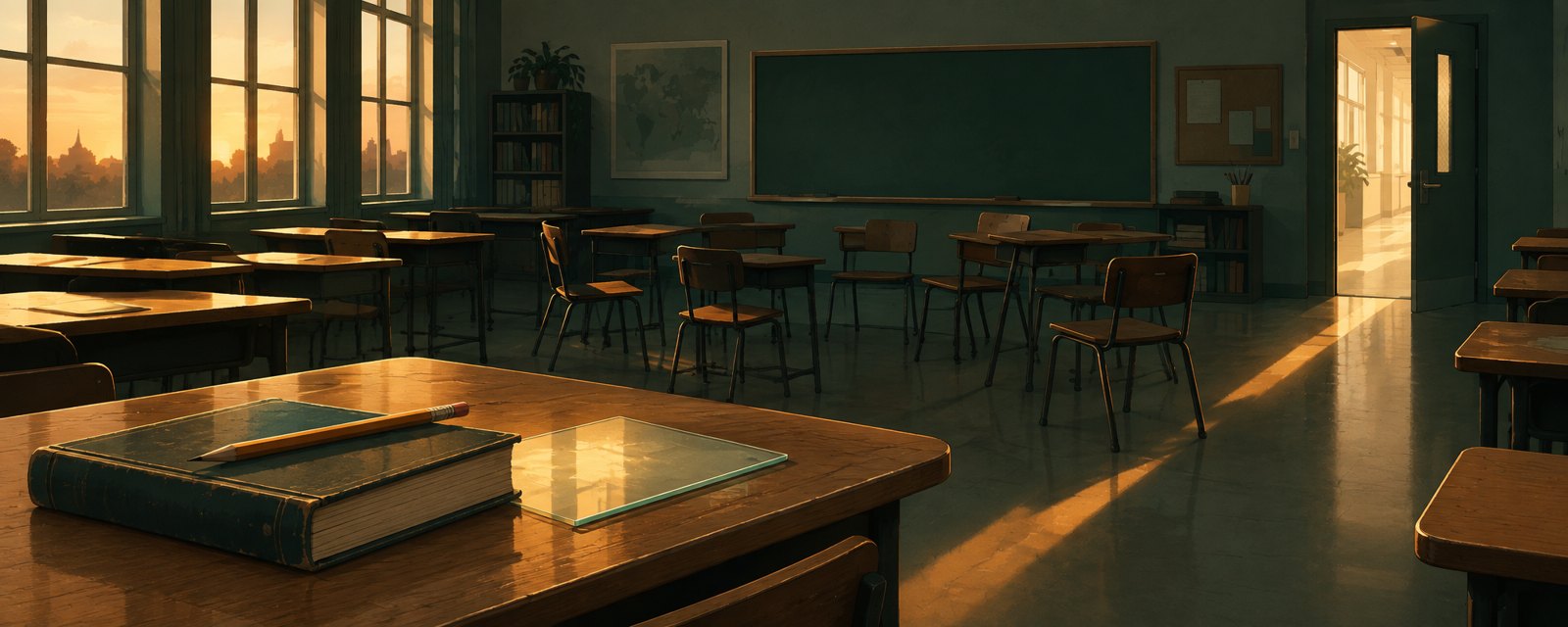 夕暮れの教室。机上の辞書と光る板、扉へ続く光の筋が、制度より先に動く学習者と使い方の設計を示す。