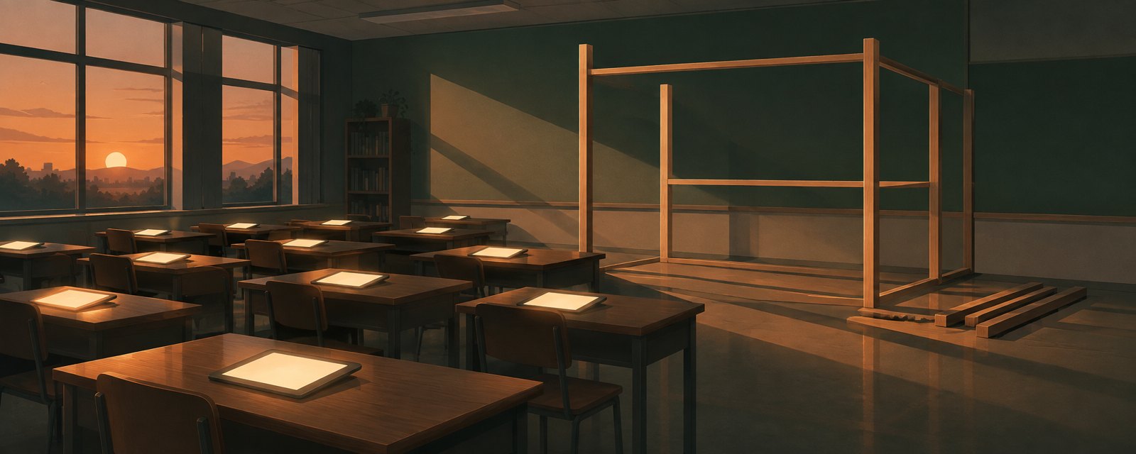 夕暮れの教室で机の上に光る端末が並び、手前の枠組みは未完成。導入が規則の整備より先行する様子。