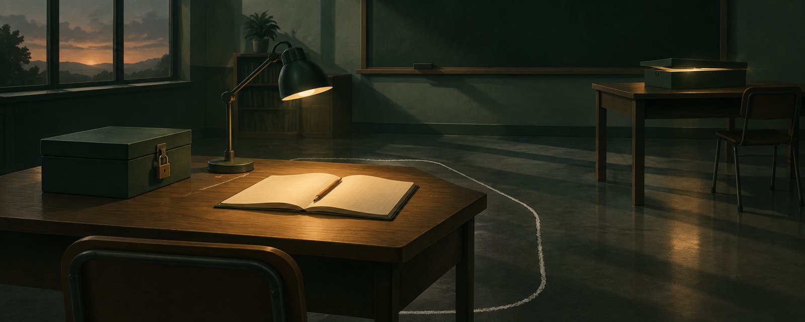 暗い教室で、閉じた箱を脇に置き、灯りの下のノートだけを白線で囲む。禁止でなく、考える領域を設計する判断を表す。