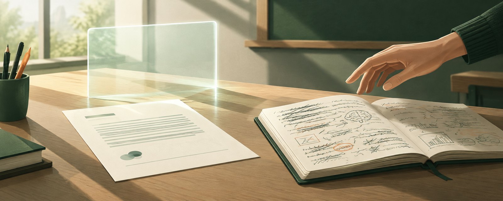 整った完成紙と、書き込みだらけのノート。教員の手は後者に向かい、答えより思考の過程を見る評価への転換を表す。