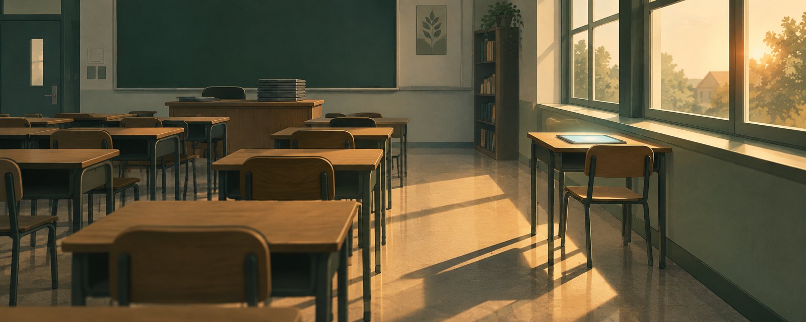An after-hours classroom: one tablet glows on a desk among empty chairs, while unopened devices sit unused on the teacher's desk.