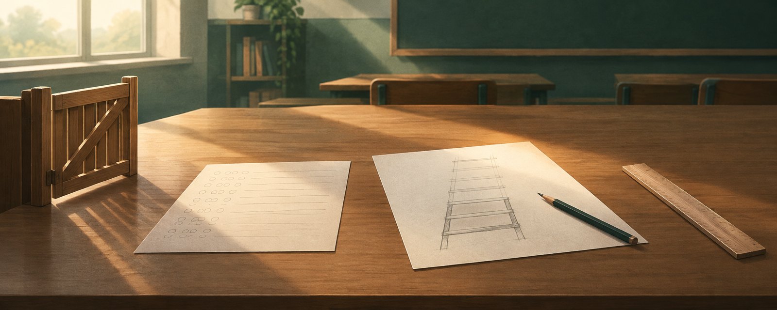A quiet classroom desk at dawn: an open gate, a faded answer card and a half-drawn ladder, suggesting a shift from banning AI to redesigning learning.