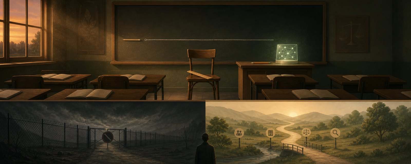 A dusk classroom: a pencil and a glowing device on a desk, with an unfinished chalk line on the board between them, showing the undecided line on AI use.
