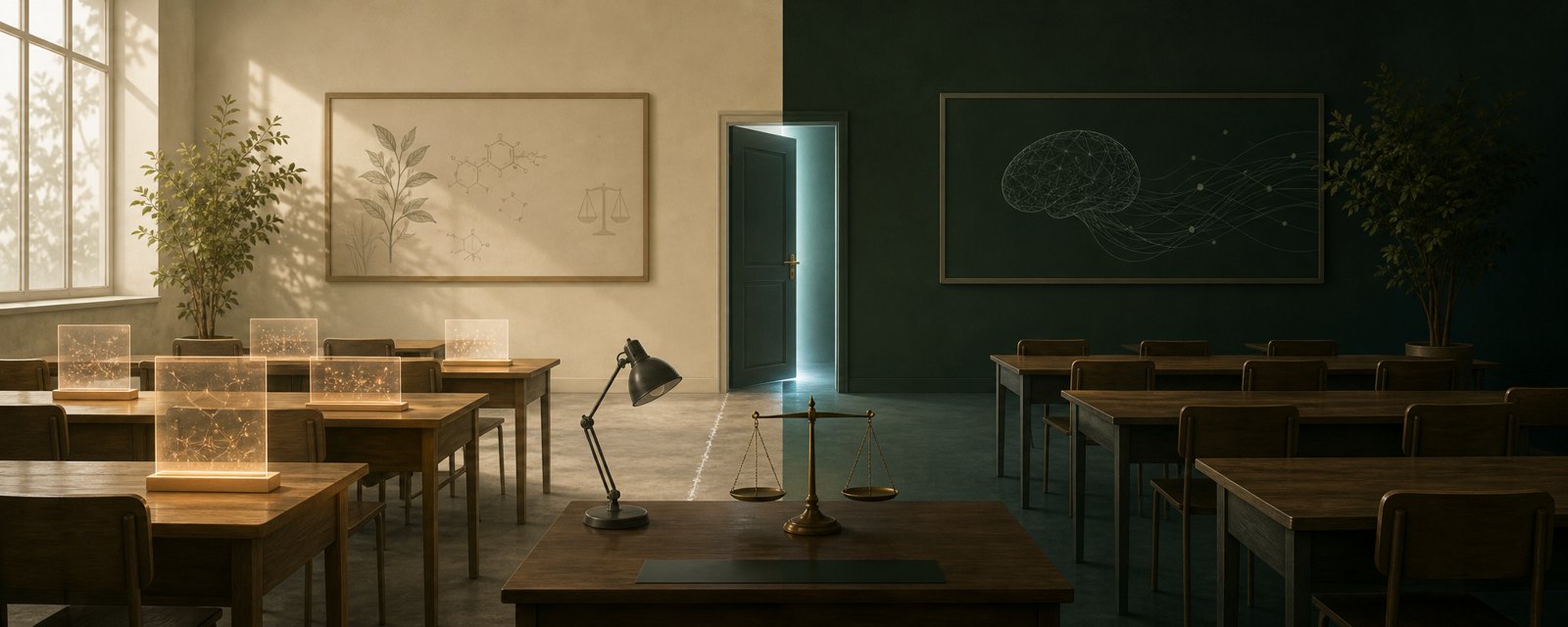 A quiet morning classroom where a pale line divides desks with glowing panels from bare ones, beside an empty, unweighted scale.