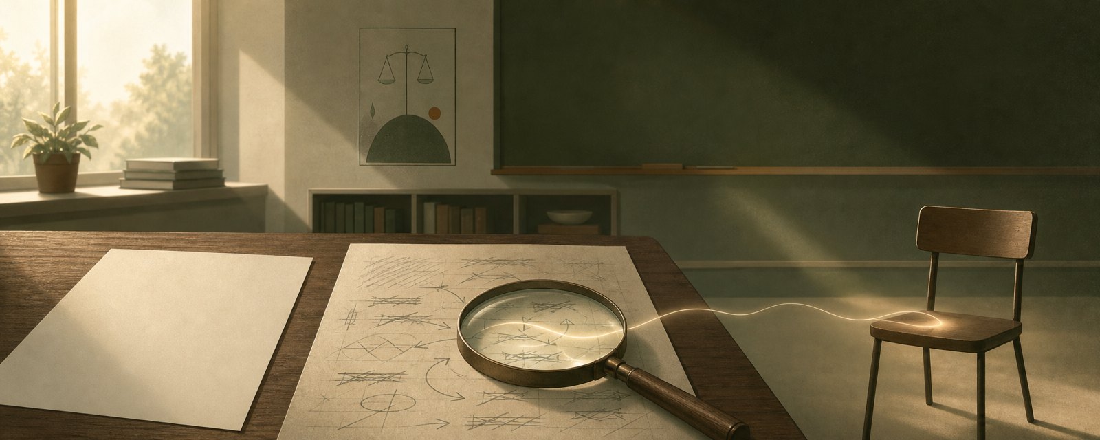 整った清書と下書きの跡が残る紙が机に並び、拡大鏡が思考の過程を照らす。完成品より過程を見る評価への転換を表す。