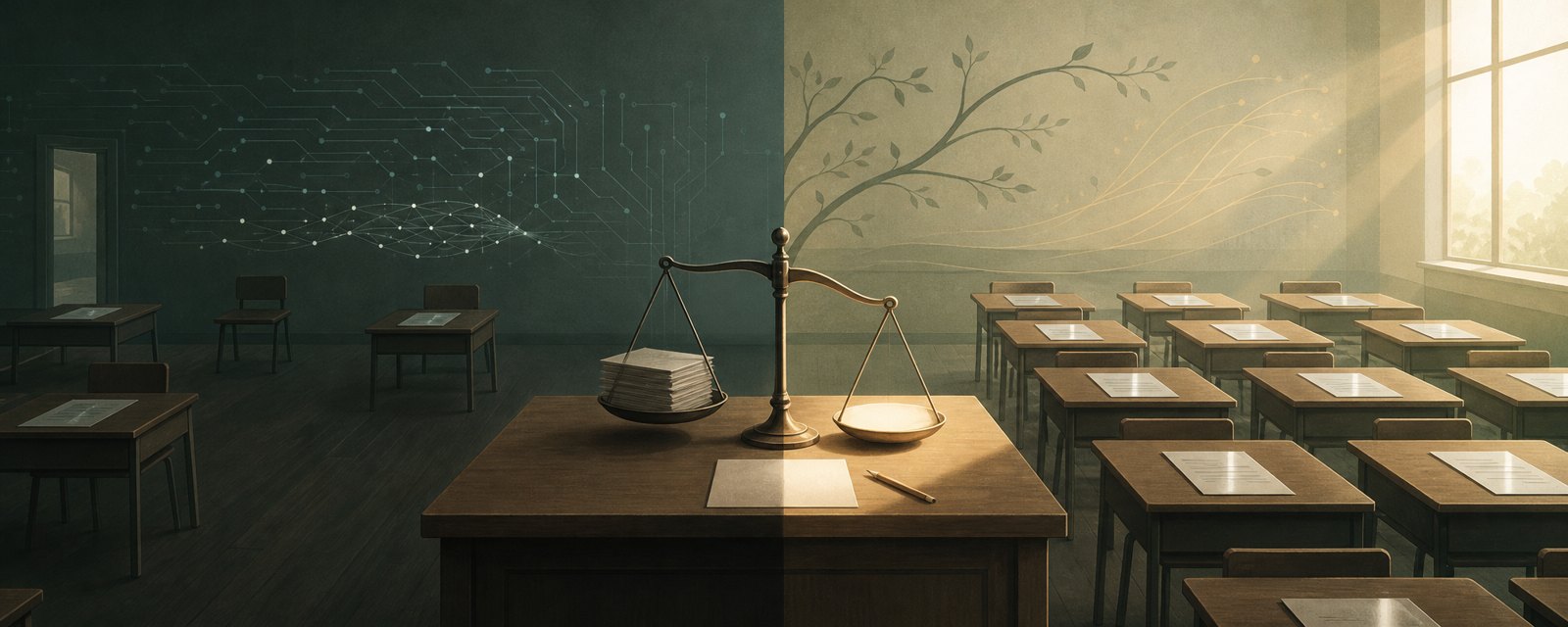 Dawn classroom: desks with identical polished papers, while one desk holds a blank sheet and pencil, suggesting assessment must be rethought in the AI era.