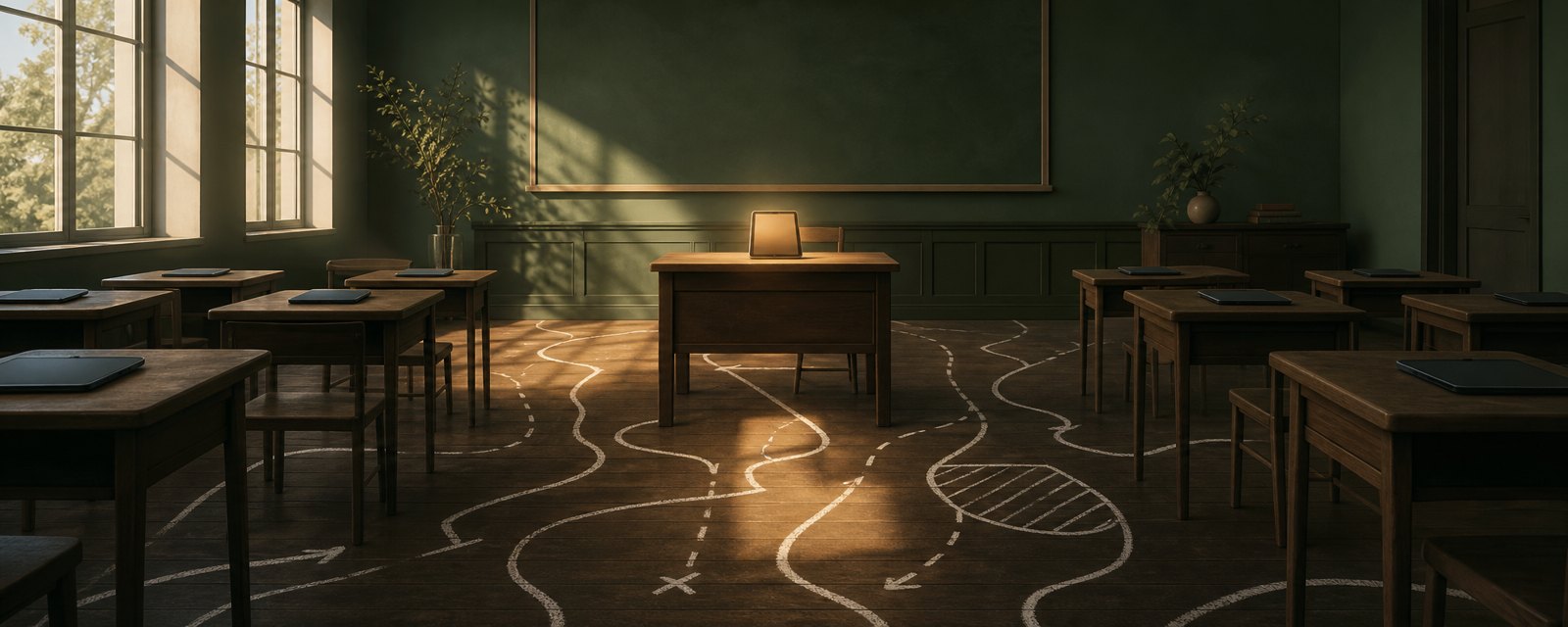 A quiet classroom with closed tablets, one glowing, and uneven hand-drawn lines on the floor showing each school setting its own AI boundaries.