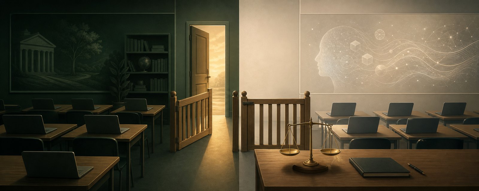 A dusk classroom with a half-open gate across the aisle and an empty balance scale, suggesting unsettled limits and unproven effects of AI in schools.