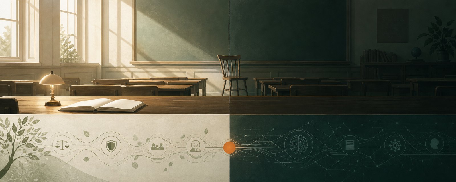 A quiet morning classroom: a chalk line on the board splits lit and shaded areas, with an empty teacher's chair facing it, suggesting an undecided boundary.