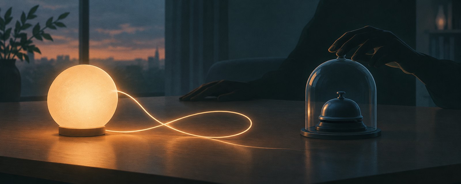 A warm glowing orb draws a thread of light while an alarm bell sits silent under glass; a human hand reaches to lift the dome.