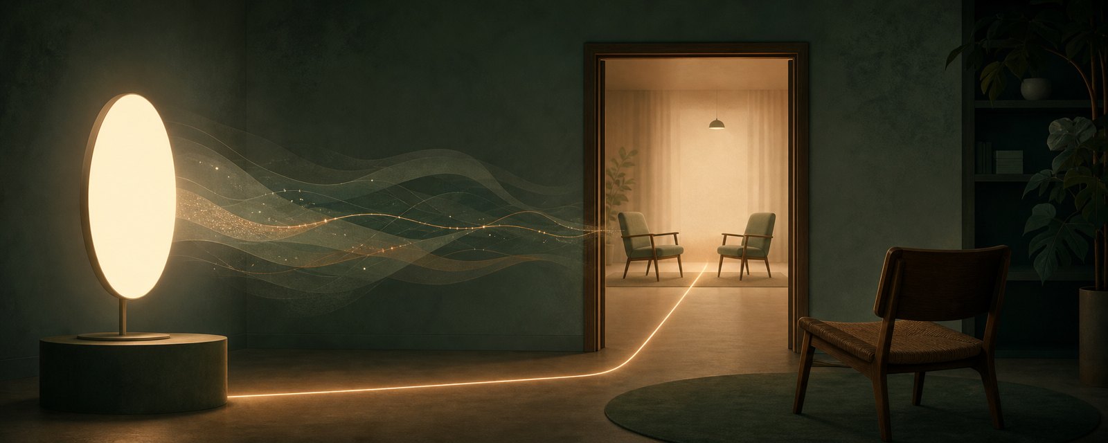 A glowing blank screen's light runs through a doorway to two chairs facing each other: practice matters when it carries into real conversation.