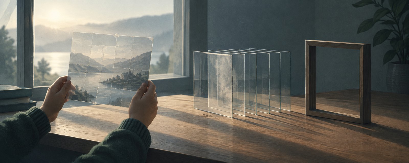 In dawn light a child holds a translucent sheet up, revealing seams in an image; an empty frame with no one beside it sits on the desk.